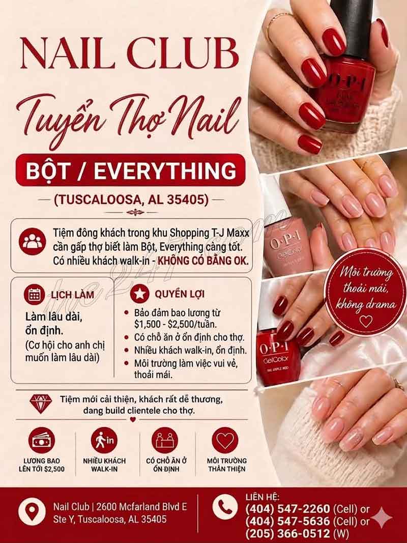 Cần Gấp Thợ Nails Đông Khách Ở Tuscaloosa AL