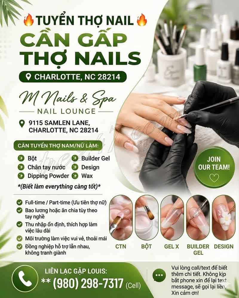 Tiệm Đông khách Cần Gấp Thợ Nails Làm Vùng Charlotte NC