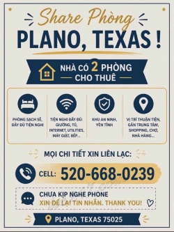 Cho Share Phòng tại Plano, Texas – Cho Share Phòng - Plano, Texas !