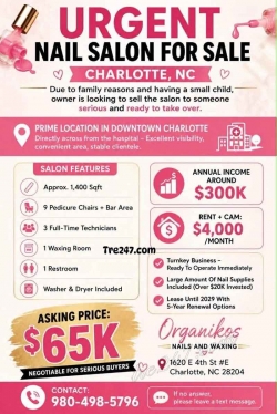 Sang Tiệm Nail tại Charlotte, North Carolina – 9 ghế, 1,400 sqft