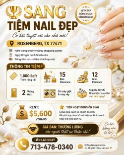 Sang Tiệm Nail tại Rosenberg, Texas – Rent $5,600/tháng